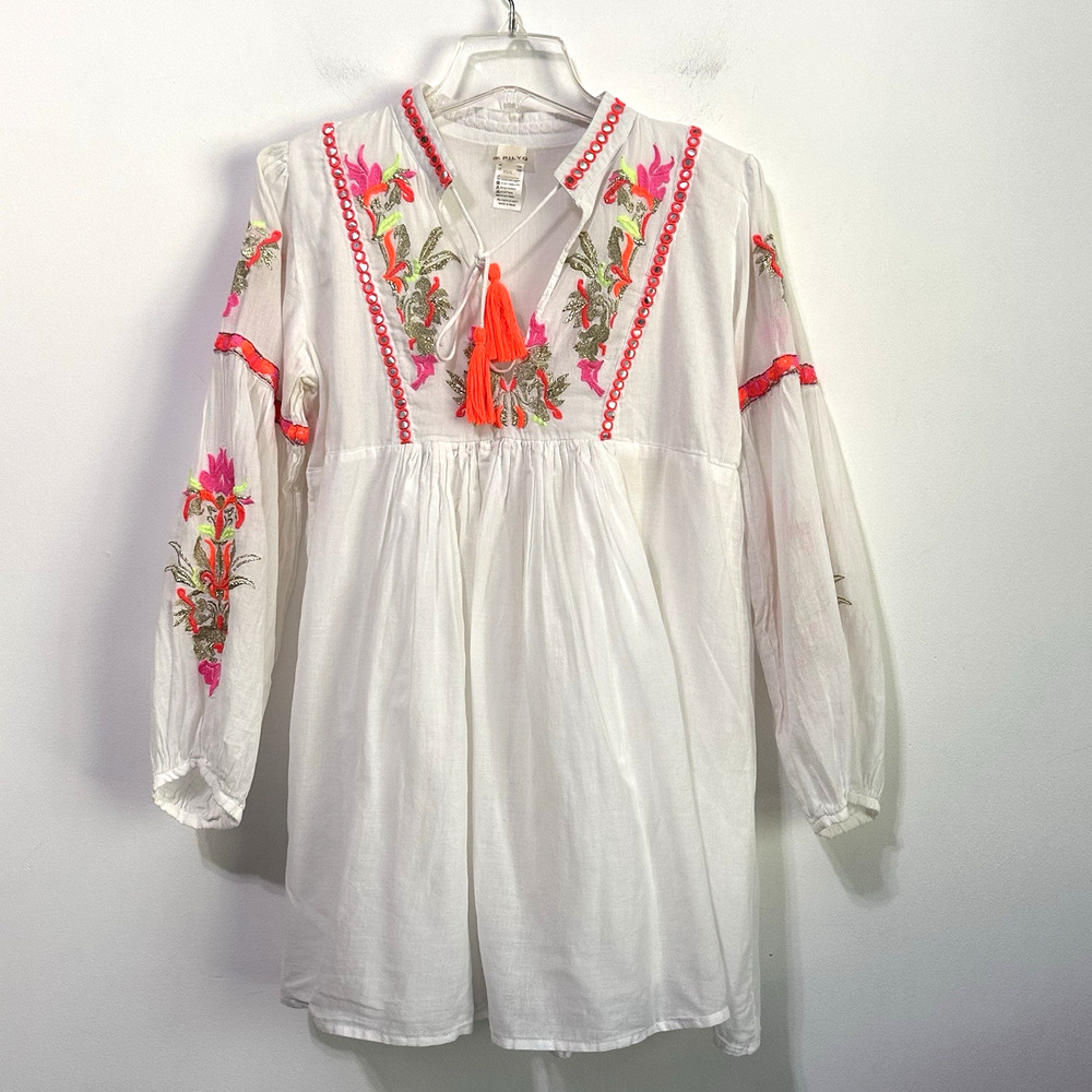 Pilyq Embroidered Tunic Top XS Pink Crush Swim Cover White Lined Long Sleeve
